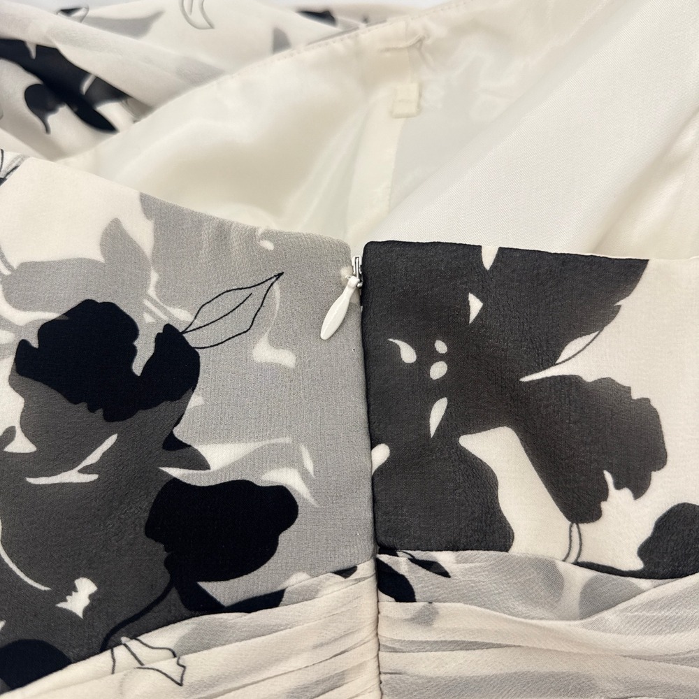 Ann Taylor 100% Silk Strapless Floral Dress 6 Ivory Black Cocktail Midi Pleated - Picture 4 of 11